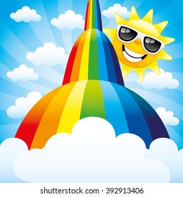 Vector illustration. Sun and a rainbow in a blue sky.