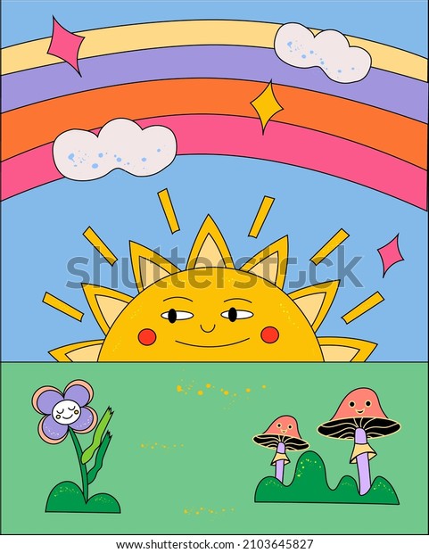 Vector illustration of the sun, rainbow, flowers, mushrooms in the psychedelic style of the 60s - 70s.