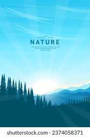Vector illustration. The sun rises over the mountain peaks. Silhouettes of fir trees in the foreground. Blue sky and sun rays. Design for background, web page, wallpaper, poster.