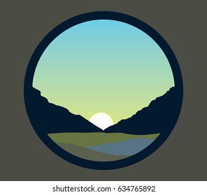 Vector illustration of sun rising over mountains and meadow
flat landscape , nature