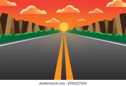 vector illustration sun rising sky with asphalt roads