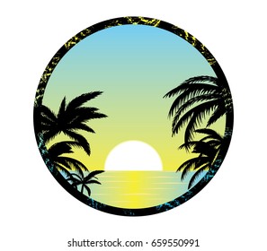 Vector illustration of sun rising upon ocean and palm trees
abstract icon, circle frame