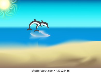 vector illustration. the sun, sandy beach, two dolphins floating above the water.