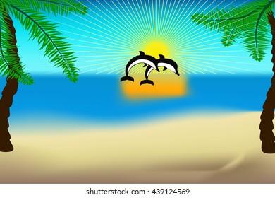 vector illustration. the sun, sandy beach, two dolphins floating above the water.