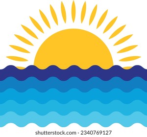 Ilustración vectorial del sol en el mar. Día soleado en la playa.