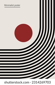 Vector illustration with sun, sea, wave crest. Artwork, minimalist poster design in red and black colors. Abstract wall art.