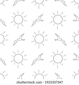 Ilustración vectorial. El doodle de sol y gaviotas aislado de fondo blanco. Patrón sin foco.