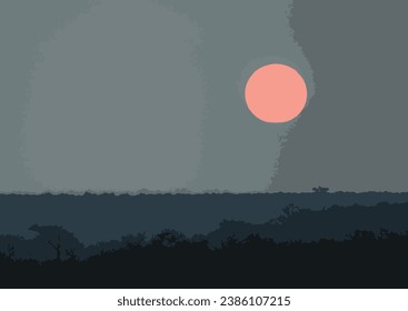 Vector illustration of sun setting over bushveld