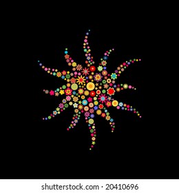 Vector illustration of sun shape made up a lot of  multicolored small flowers on the black background