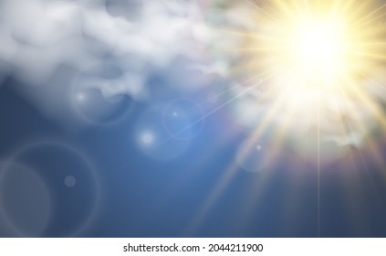 Vector illustration of the sun shining through the clouds. Sunlight. Cloudy vector.	
