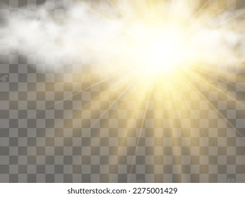 Vector illustration of the sun shining through the clouds. Sunlight. Cloudy vector.