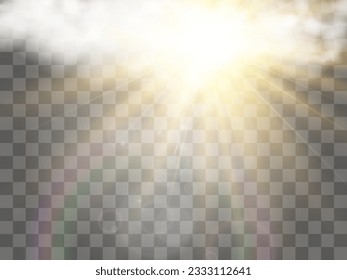 Vector illustration of the sun shining through the clouds. Sunlight. Cloudy vector.	
