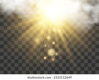 Vector illustration of the sun shining through the clouds. Sunlight. Cloudy vector.	

