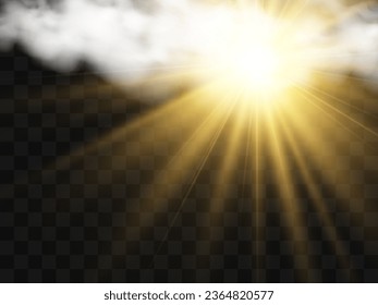 Ilustración vectorial del sol brillando a través de las nubes. Luz solar. Vector nublado.	
