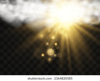 Vector illustration of the sun shining through the clouds. Sunlight. Cloudy vector.	
