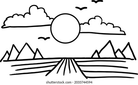 Ilustración vectorial de los pájaros del cielo y las montañas. Símbolo de la naturaleza solar en el horizonte.