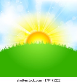 Vector illustration of sun, sky and grass