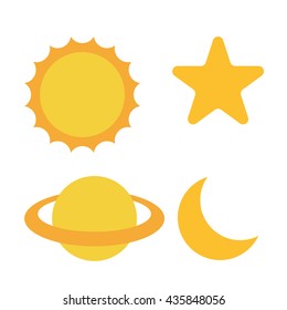Vector Illustration Sun, Star, Saturn, Crescent, Moon Icons. 