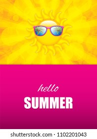 Vector illustration of sun with sunglasses, minimal summer concept background