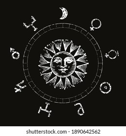 vector illustration of the sun surrounded by planets symbols on black background