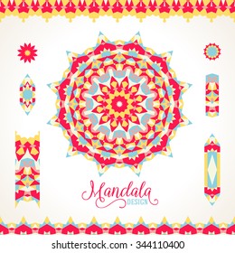 Vector illustration of sun symbol in bright colors stylized in Scandinavian, Nordic, Russian, Slavic motifs. Folk ethnic art elements, abstract flowers, round ornament, borders, lines, pattern brushes
