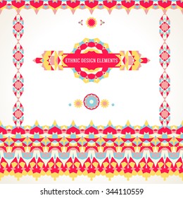 Vector illustration of sun symbol in bright colors stylized in Scandinavian, Nordic, Russian, Slavic motifs. Folk ethnic art elements, abstract flowers, round ornament, borders, lines, pattern brushes