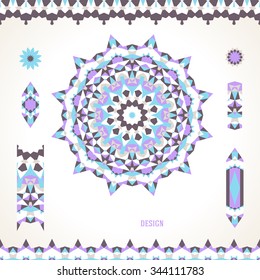 Vector illustration of sun symbol in cool colors stylized in Scandinavian, Nordic, Russian, Slavic motifs. Folk ethnic art elements, abstract flowers, round ornament, borders, lines, pattern brushes