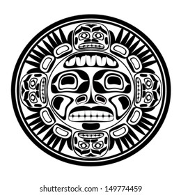 Vector Illustration Of The Sun Symbol. Modern Stylization Of North American And Canadian Native Art In Black And White