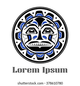 Vector illustration of the sun symbol. Modern stylization of North American and Canadian native art in black blue and white