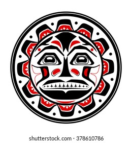 Vector illustration of the sun symbol. Modern stylization of North American and Canadian native art in black red and white