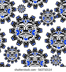 Vector illustration of the sun symbol. Modern stylization of North American and Canadian native art in black blue and white seamless pattern