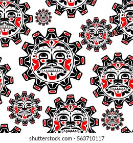 Vector Illustration Of The Sun Symbol. Modern Stylization Of North American And Canadian Native Art In Black Red And White Seamless Pattern