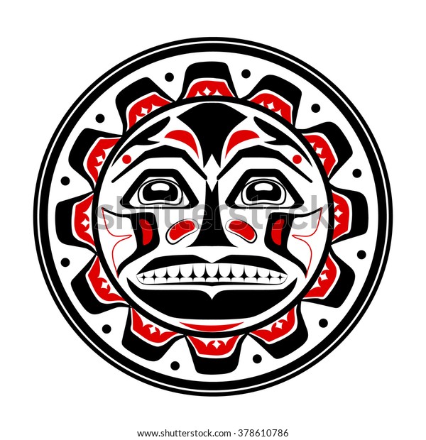 Vector illustration of the sun symbol. Modern\
stylization of North American and Canadian native art in black red\
and white