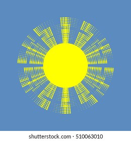 Vector illustration sun. Symbol sun. Sun`s rays on a blue sky.