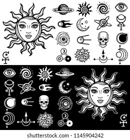 Vector illustration: the sun with a woman's human face, a set of space esoteric icons. Black and white option.