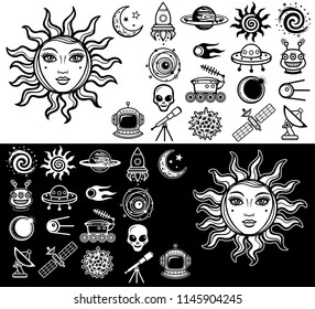 Vector illustration: the sun with a woman's human face, a set of space industrial icons. Black and white option.