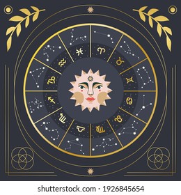 Vector illustration of sun with zodiac and constellations signs. Gold gradient.