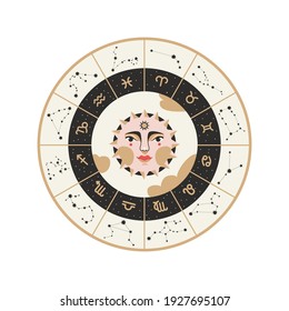 Vector illustration of sun with zodiac and constellations signs. The illustration is isolated.