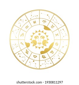 Vector illustration of sun with zodiac and constellations signs. Gold gradient. The illustration is isolated.