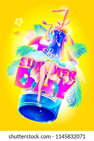 vector illustration with a sunbathing girl in a bikini, blue bottle, palm branches and bright text "Last Summer day" on a yellow background