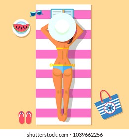 vector illustration of sunbathing girl on the beach reading book