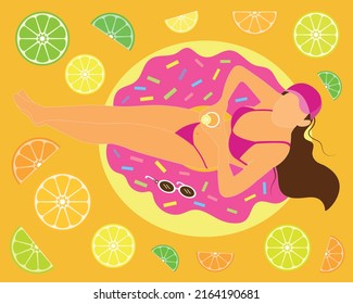 Vector illustration of sunbathing woman relaxing on a colorful donut in a lemonade swimming pool