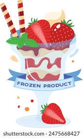 Vector illustration sundae glass strawberry ice cream scoop wafers mint leaves. Graphic design dessert label frozen product sweet treat advertisement. Colorful dessert strawberry chocolate vanilla