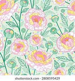 Vector illustration of sundae peony flowers with delicate leaves on a soft mint background in a seamless repeat pattern. Featuring hand-drawn floral details and pastel colors, this elegant botanical design is perfect for fabric, wallpaper, gift wrap, stationery, packaging, home décor, bedding, and textile prints.