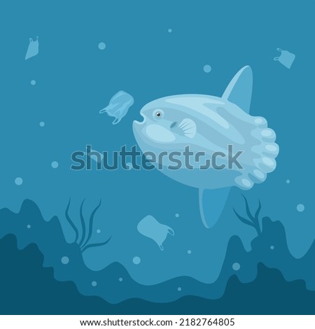 Vector illustration, sunfish trying to eat a plastic bag mistaken for a jellyfish, as a banner or poster, international plastic bag free day.