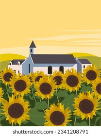 Vector illustration. Sunflower field. Agriculture, harvest, village. Design for cover, poster, banner, greeting card.