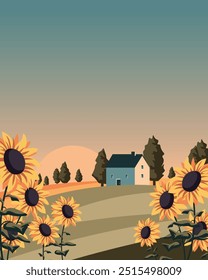 Ilustración vectorial. Afiche del campo de girasol. Paisaje de Naturaleza, cartel, Anuncio, postal, cubierta. Diseño moderno. Turismo.