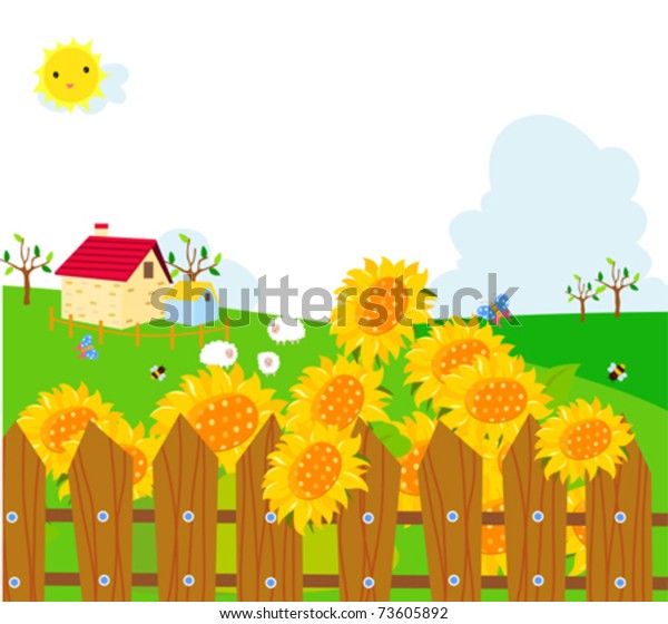 Vector Illustration Sunflower Fields Farm Stock Vector (Royalty Free ...