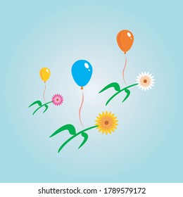 
Vector illustration of sunflower flying balloon, Blue,Yellow,White and green. Colorful