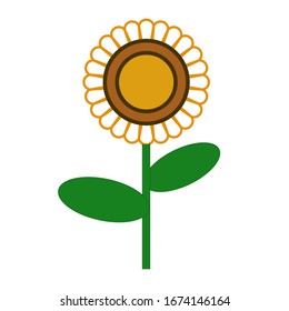 Vector illustration of sunflower and leaf in a flat style on a white background.